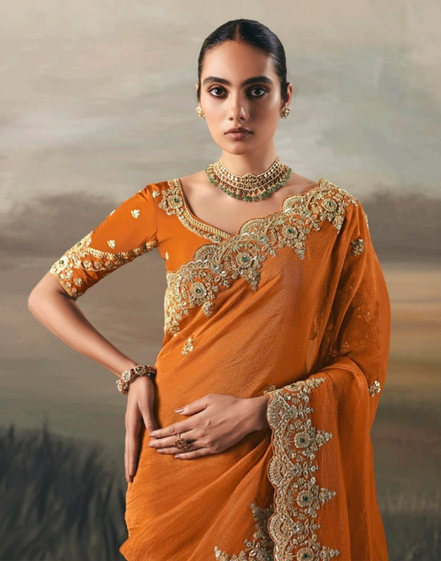 Orange Pure Tissue Silk Saree with Designer Contrast Hand Work Blouse