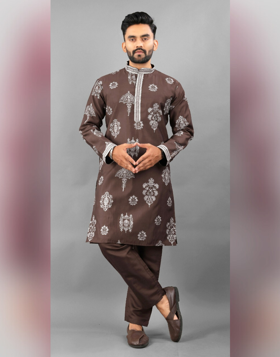 Men’s Ethnic Kurta Pyjama in Printed Art Silk with Detailed Embroidery Stylish Occasion Wear - Buy