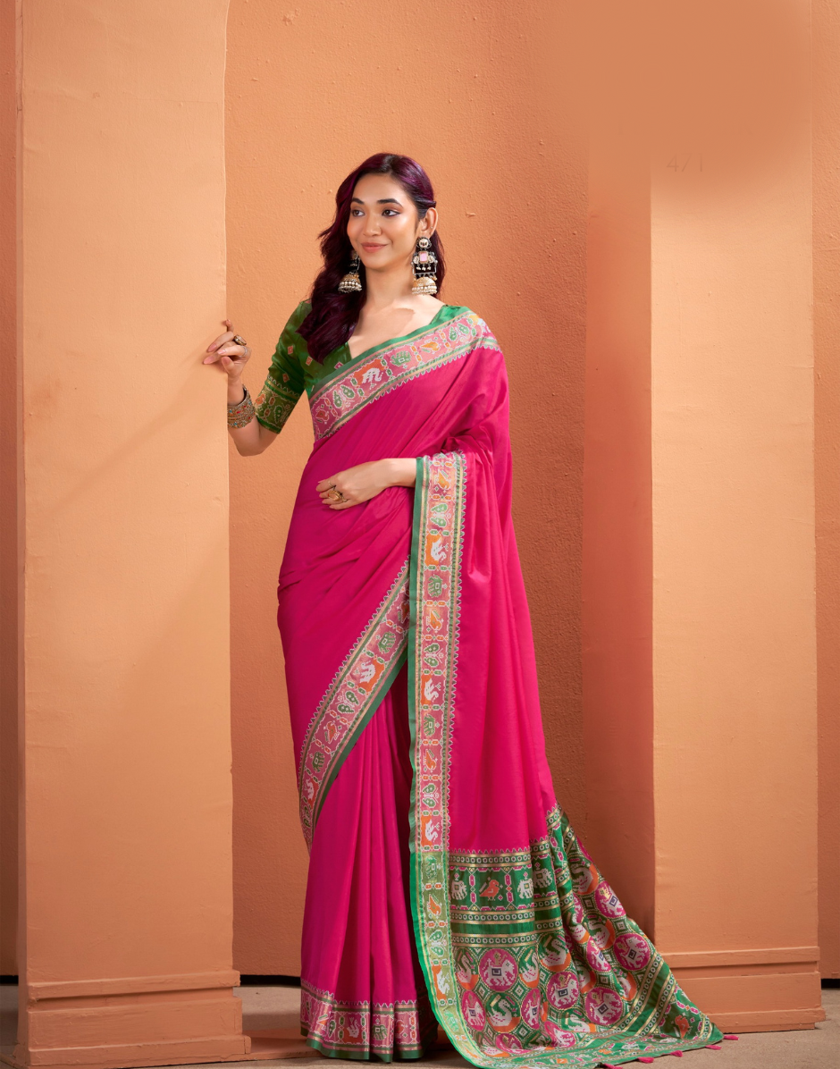 Traditional Patola Silk Saree with Woven Pallu & Designer Border Perfect for Festive Occasions - Buy