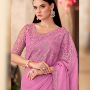 Shine in Silk Pink Chiffon Saree with Georgette Work Blouse for Festive Glam - Buy