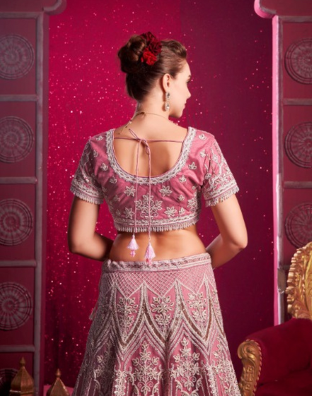 Premium Pink Lehenga Blouse Dupatta Set with Zarkan, Latkans & Hand Embroidery - Buy