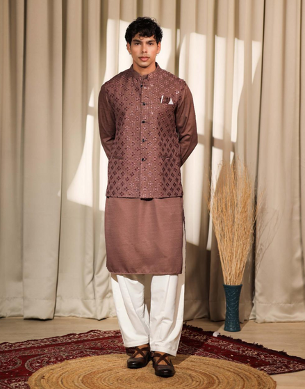 Silk Blend Brown Kurta Pyjama with Rich Embroidery Regal Traditional Wear for Men - Buy