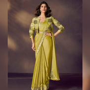 Lemon Green Satin Pre-Stitched Saree for Mehendi