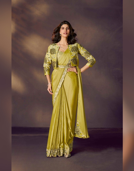 Lemon Green Satin Pre-Stitched Saree for Mehendi