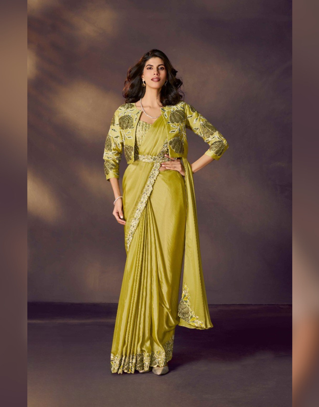Lemon Green Satin Pre-Stitched Saree for Mehendi
