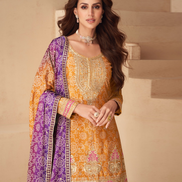 Premium Mustard & Purple Chinnon Silk Palazzo Suit with Embroidery - Buy