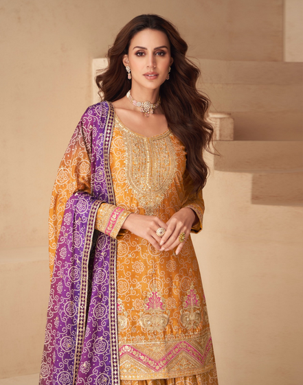 Premium Mustard & Purple Chinnon Silk Palazzo Suit with Embroidery - Buy