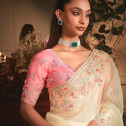 Graceful Cream Organza Saree with Rich Stone Work Border & All-Over Butta Embroidery Ideal for Weddings & Events - Buy
