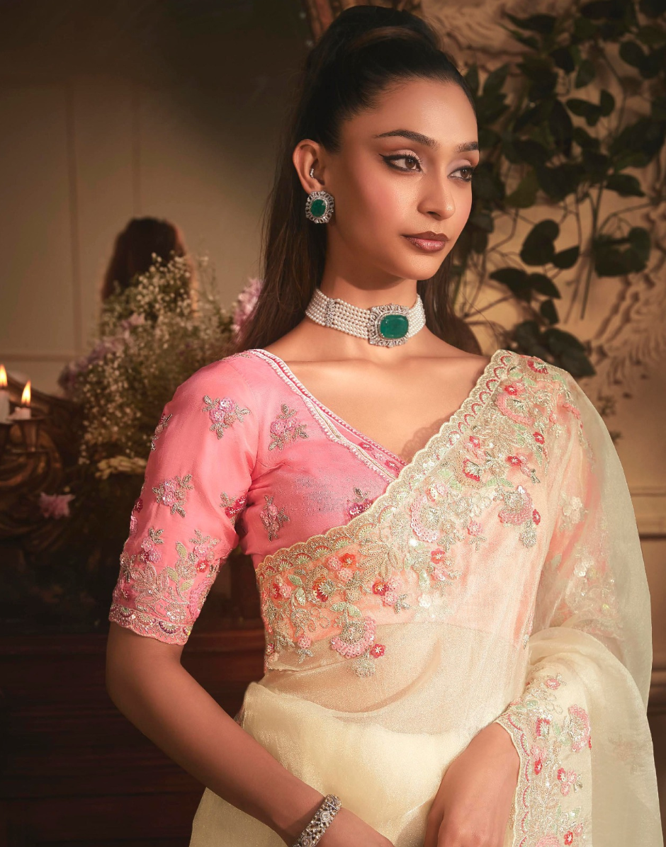 Graceful Cream Organza Saree with Rich Stone Work Border & All-Over Butta Embroidery Ideal for Weddings & Events - Buy