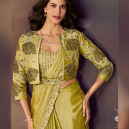 Lemon Green Satin Pre-Stitched Saree for Mehendi