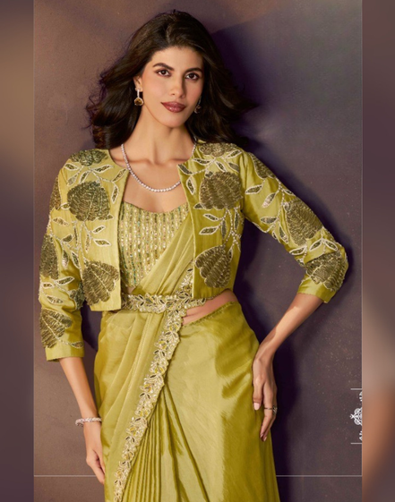 Lemon Green Satin Pre-Stitched Saree for Mehendi