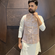 Men’s Kurta Pyjama in Pure Cotton with Intricate Jacquard and Matching Koti - Buy