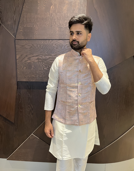 Men’s Kurta Pyjama in Pure Cotton with Intricate Jacquard and Matching Koti - Buy