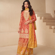 Chinnon Silk Top Palazzo Dupatta Set Embroidered Yellow Orange Ensemble - Buy