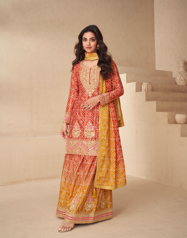Chinnon Silk Top Palazzo Dupatta Set Embroidered Yellow Orange Ensemble - Buy