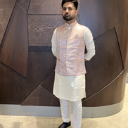 Men’s Kurta Pyjama in Pure Cotton with Intricate Jacquard and Matching Koti - Buy