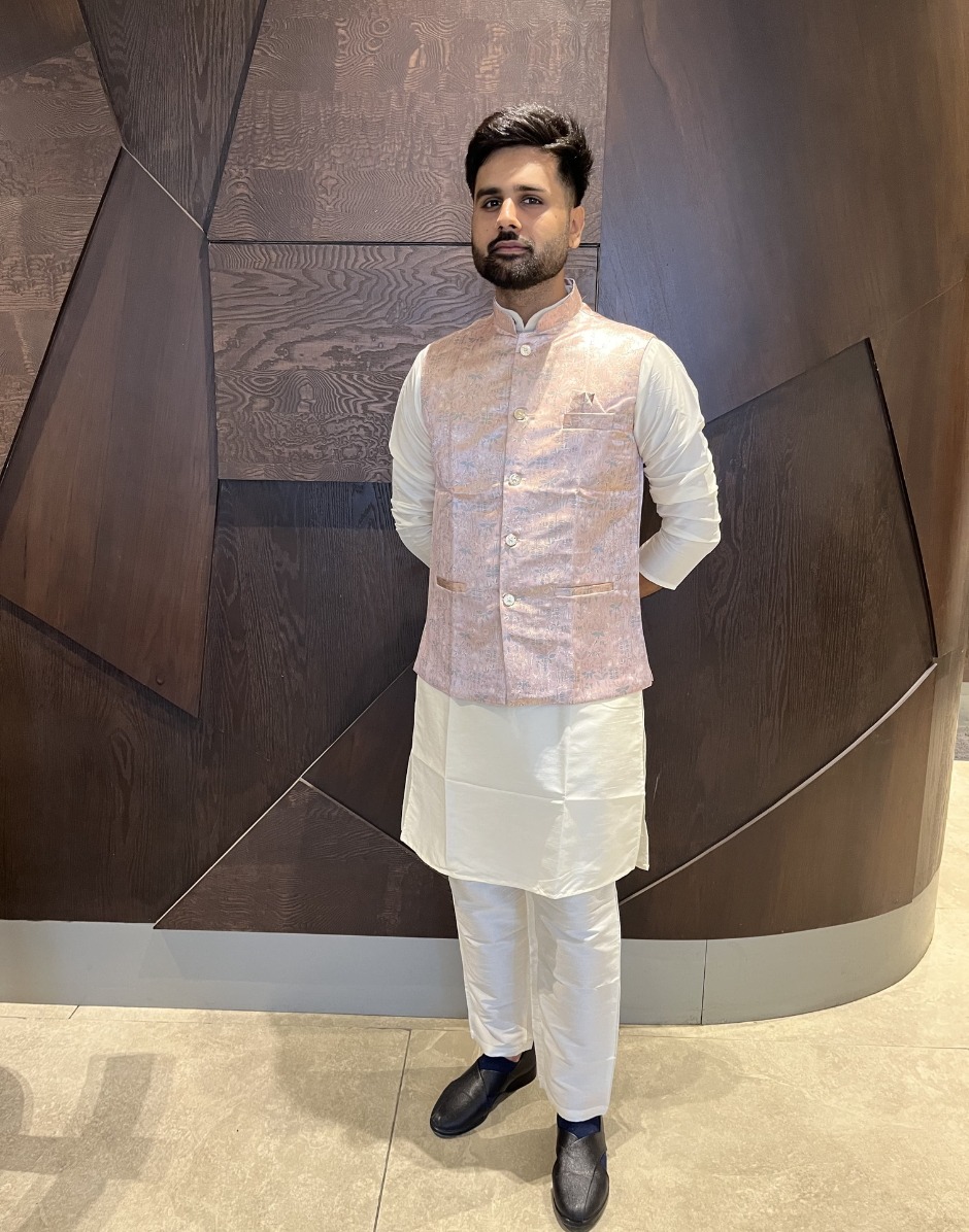 Men’s Kurta Pyjama in Pure Cotton with Intricate Jacquard and Matching Koti - Buy
