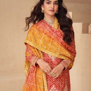 Chinnon Silk Top Palazzo Dupatta Set Embroidered Yellow Orange Ensemble - Buy