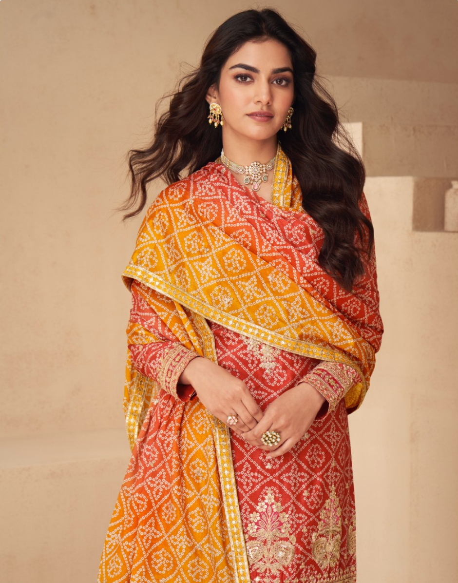 Chinnon Silk Top Palazzo Dupatta Set Embroidered Yellow Orange Ensemble - Buy