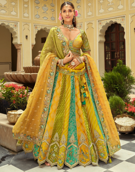 Silk Lehenga with Heavy Embroidery, Cut Work Border & Art Mirror Work Designer Blouse & Net Dupatta - Buy