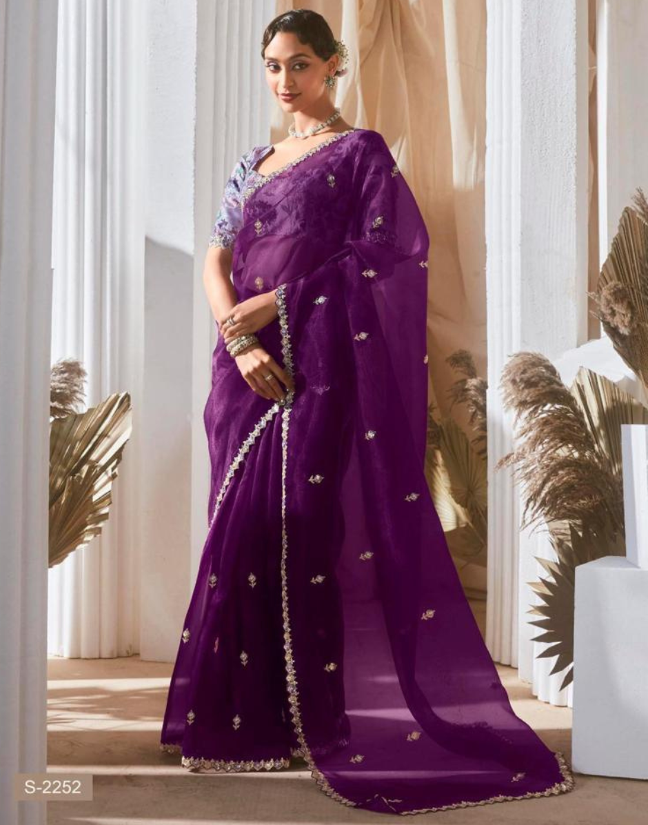 Graceful Embroidered & Embellished Saree with Printed Blouse Elegant Ethnic Ensemble - Buy
