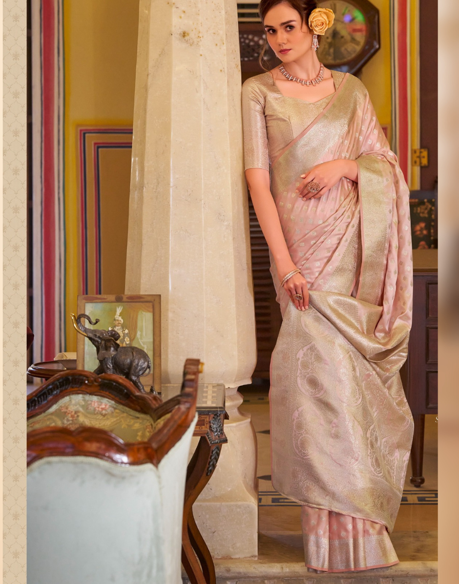 Pastel Grace Baby Pink Banarasi Saree in Glossy Satin Silk - Buy