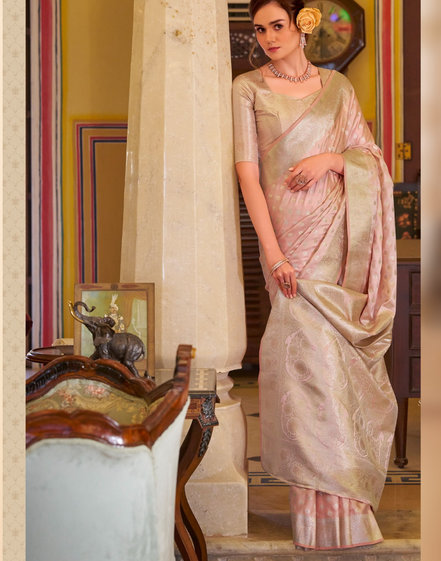 Pastel Grace Baby Pink Banarasi Saree in Glossy Satin Silk - Buy