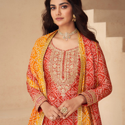 Chinnon Silk Top Palazzo Dupatta Set Embroidered Yellow Orange Ensemble - Buy