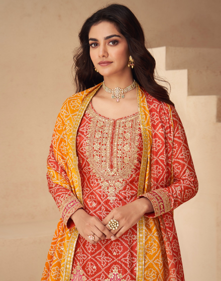 Chinnon Silk Top Palazzo Dupatta Set Embroidered Yellow Orange Ensemble - Buy