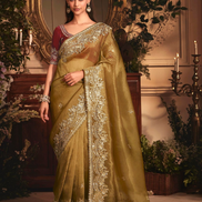 Mehendi Green Organza Saree with Heavy Stone Embroidered Border & Designer Butta Work Perfect for Festive & Wedding Wear - Buy