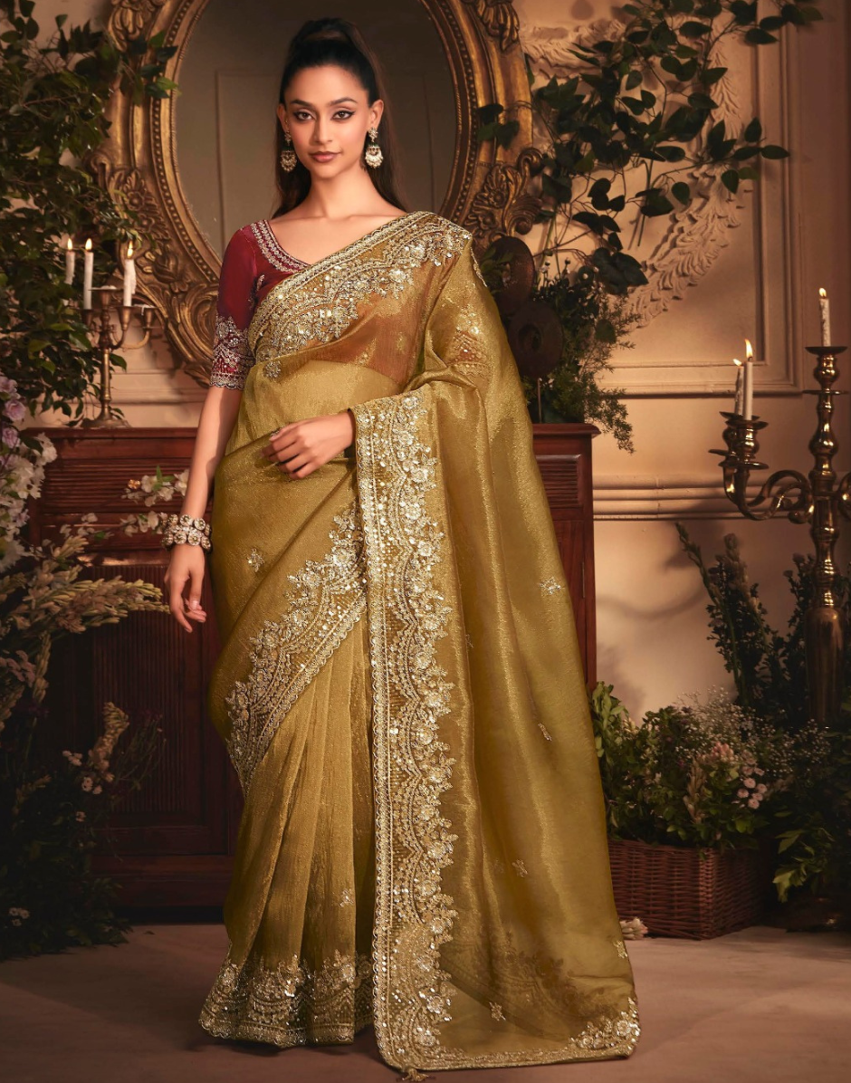 Mehendi Green Organza Saree with Heavy Stone Embroidered Border & Designer Butta Work Perfect for Festive & Wedding Wear - Buy