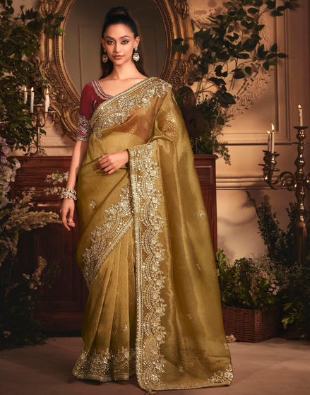 Mehendi Green Organza Saree with Heavy Stone Embroidered Border & Designer Butta Work Perfect for Festive & Wedding Wear - Buy
