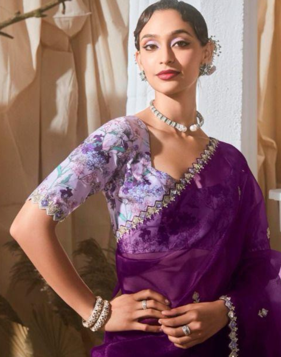 Graceful Embroidered & Embellished Saree with Printed Blouse Elegant Ethnic Ensemble - Buy