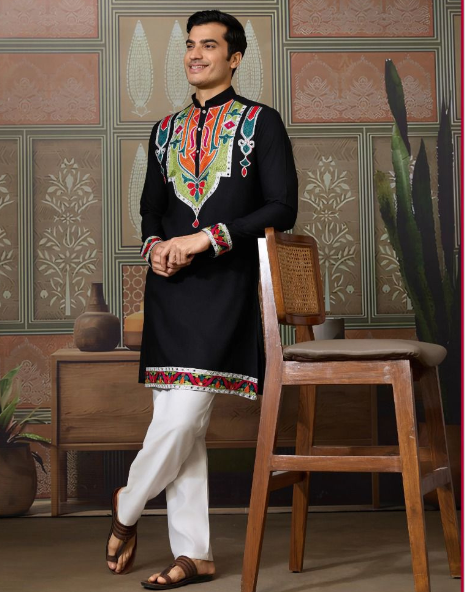 Classic Multicolor Embroidered Kurta Pyjama for Men Graceful Look for Every Occasion - Buy