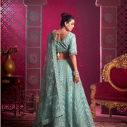 Designer Sky Blue Lehenga Blouse Dupatta with Zarkan, Latkans & Mirror Work - Buy