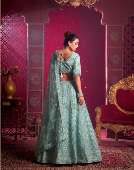 Designer Sky Blue Lehenga Blouse Dupatta with Zarkan, Latkans & Mirror Work - Buy