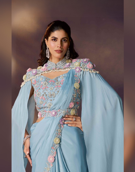 Sky Blue Pre Stitched Saree for Bridesmaid