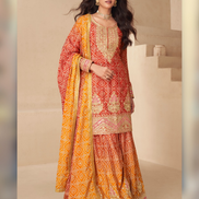 Chinnon Silk Top Palazzo Dupatta Set Embroidered Yellow Orange Ensemble - Buy