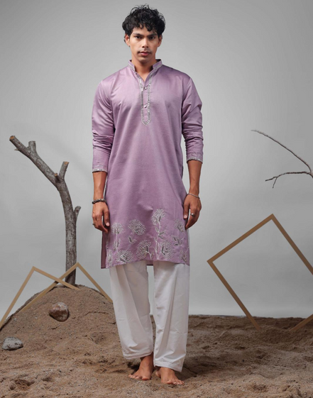 Opulent Purple Art Silk Kurta Pyjama with Embroidery Traditional Elegance for Men - Buy