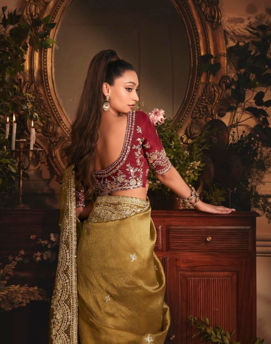 Mehendi Green Organza Saree with Heavy Stone Embroidered Border & Designer Butta Work Perfect for Festive & Wedding Wear - Buy