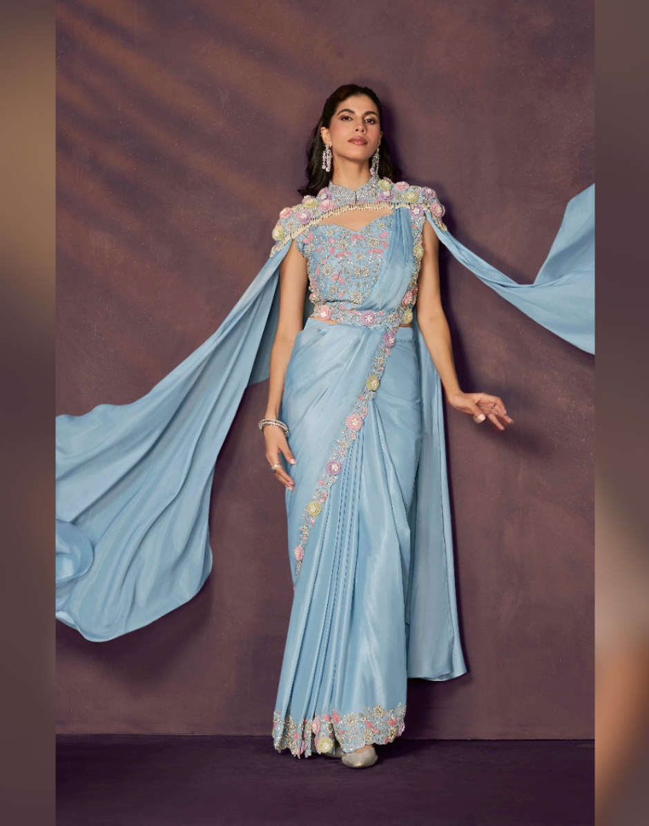 Sky Blue Pre Stitched Saree for Bridesmaid