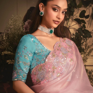Luxury Blush Pink Organza Saree Designer Butta Work All Over with Heavy Stone Border Embroidery - Buy