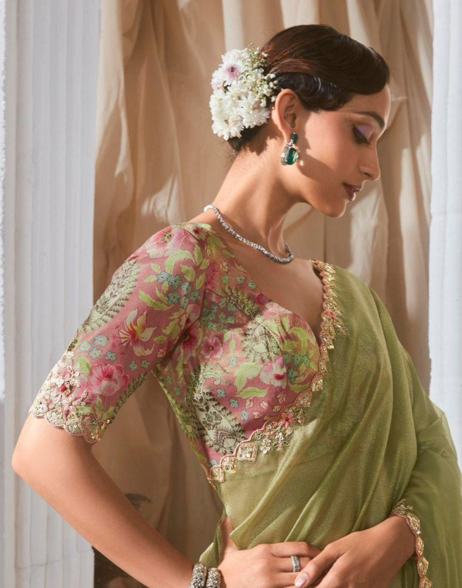 Stylish Lace Saree with Intricate Embroidery and Printed Blouse Bold & Beautiful - Buy
