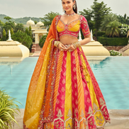 Silk Lehenga with Heavy Embroidery, Cut Work Border & Art Mirror Work Designer Blouse & Net Dupatta - Buy