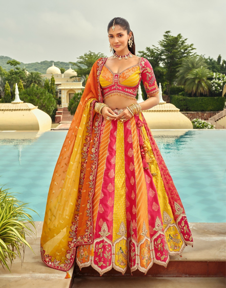 Silk Lehenga with Heavy Embroidery, Cut Work Border & Art Mirror Work Designer Blouse & Net Dupatta - Buy