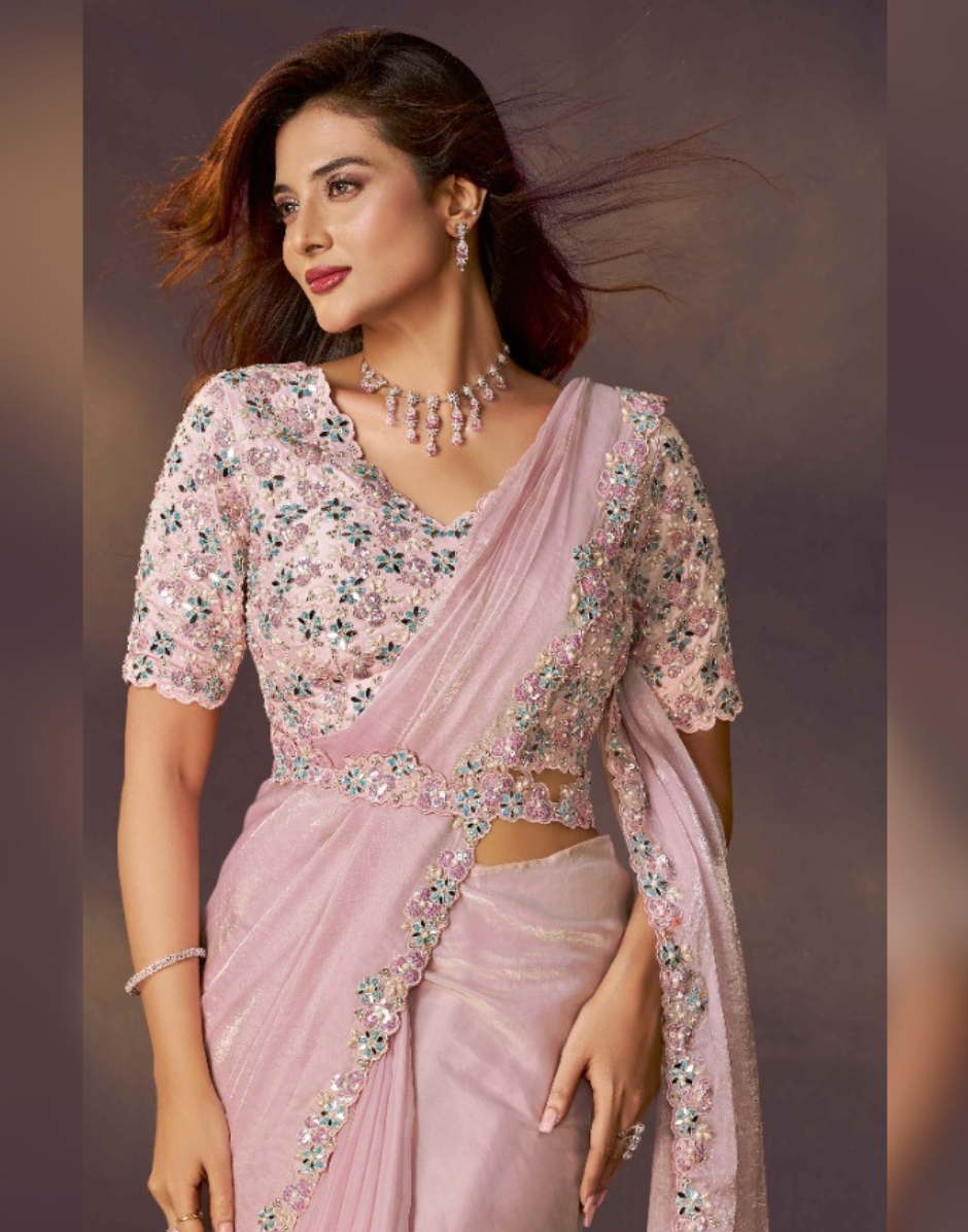 Light Pink Pre Stitched Saree for Reception