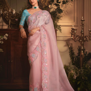 Luxury Blush Pink Organza Saree Designer Butta Work All Over with Heavy Stone Border Embroidery - Buy