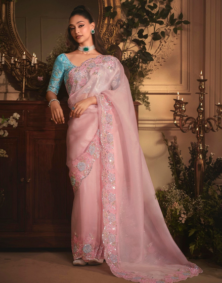 Luxury Blush Pink Organza Saree Designer Butta Work All Over with Heavy Stone Border Embroidery - Buy