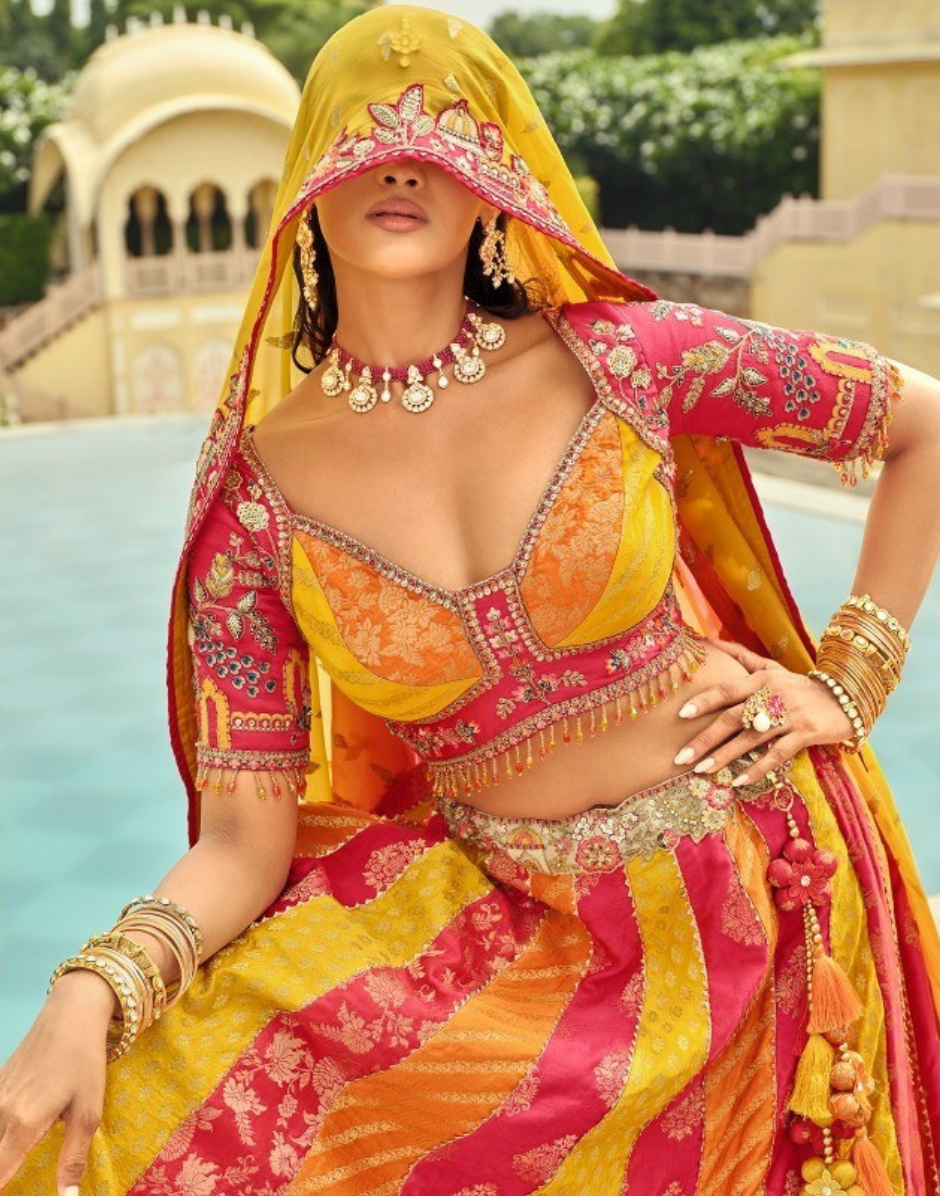 Silk Lehenga with Heavy Embroidery, Cut Work Border & Art Mirror Work Designer Blouse & Net Dupatta - Buy