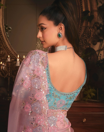Luxury Blush Pink Organza Saree Designer Butta Work All Over with Heavy Stone Border Embroidery - Buy